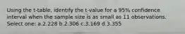 Using the t-table, identify the t-value for a 95% confidence interval when the sample size is as small as 11 observations. Select one: a.2.228 b.2.306 c.3.169 d.3.355