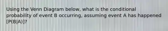 Using the Venn Diagram below, what is the conditional probability of event B occurring, assuming event A has happened [P(B|A)]?