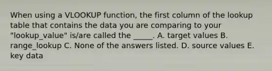 When using a VLOOKUP function, the first column of the lookup table that contains the data you are comparing to your "lookup_value" is/are called the _____. A. target values B. range_lookup C. None of the answers listed. D. source values E. key data