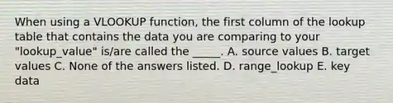 When using a VLOOKUP function, the first column of the lookup table that contains the data you are comparing to your "lookup_value" is/are called the _____. A. source values B. target values C. None of the answers listed. D. range_lookup E. key data