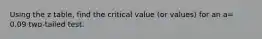 Using the z table, find the critical value (or values) for an a= 0.09 two-tailed test.