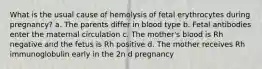 What is the usual cause of hemolysis of fetal erythrocytes during pregnancy? a. The parents differ in blood type b. Fetal antibodies enter the maternal circulation c. The mother's blood is Rh negative and the fetus is Rh positive d. The mother receives Rh immunoglobulin early in the 2n​ d​ pregnancy