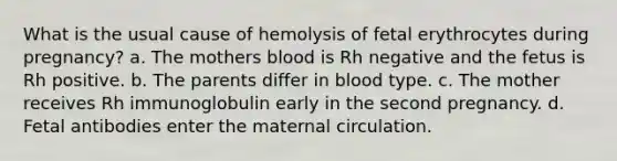 What is the usual cause of hemolysis of fetal erythrocytes during pregnancy? a. The mothers blood is Rh negative and the fetus is Rh positive. b. The parents differ in blood type. c. The mother receives Rh immunoglobulin early in the second pregnancy. d. Fetal antibodies enter the maternal circulation.