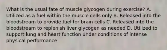 What is the usual fate of muscle glycogen during exercise? A. Utilized as a fuel within the muscle cells only B. Released into the bloodstream to provide fuel for brain cells C. Released into the bloodstream to replenish liver glycogen as needed D. Utilized to support lung and heart function under conditions of intense physical performance