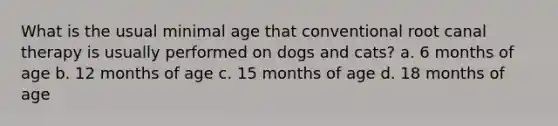 What is the usual minimal age that conventional root canal therapy is usually performed on dogs and cats? a. 6 months of age b. 12 months of age c. 15 months of age d. 18 months of age