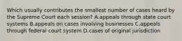 Which usually contributes the smallest number of cases heard by the Supreme Court each session? A.appeals through state court systems B.appeals on cases involving businesses C.appeals through federal court system D.cases of original jurisdiction