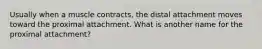 Usually when a muscle contracts, the distal attachment moves toward the proximal attachment. What is another name for the proximal attachment?