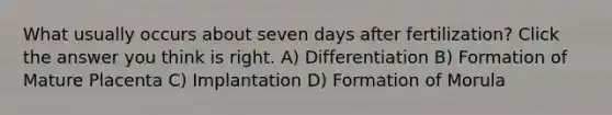 What usually occurs about seven days after fertilization? Click the answer you think is right. A) Differentiation B) Formation of Mature Placenta C) Implantation D) Formation of Morula