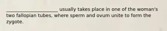 ______________________ usually takes place in one of the woman's two fallopian tubes, where sperm and ovum unite to form the zygote.