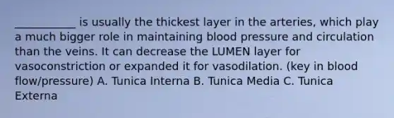 ___________ is usually the thickest layer in the arteries, which play a much bigger role in maintaining blood pressure and circulation than the veins. It can decrease the LUMEN layer for vasoconstriction or expanded it for vasodilation. (key in blood flow/pressure) A. Tunica Interna B. Tunica Media C. Tunica Externa