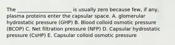 The ______________________ is usually zero because few, if any, plasma proteins enter the capsular space. A. glomerular hydrostatic pressure (GHP) B. Blood colloid osmotic pressure (BCOP) C. Net filtration pressure (NFP) D. Capsular hydrostatic pressure (CsHP) E. Capsular colloid osmotic pressure