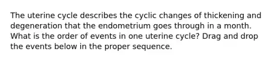 The uterine cycle describes the cyclic changes of thickening and degeneration that the endometrium goes through in a month. What is the order of events in one uterine cycle? Drag and drop the events below in the proper sequence.