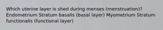 Which uterine layer is shed during menses (menstruation)? Endometrium Stratum basalis (basal layer) Myometrium Stratum functionalis (functional layer)