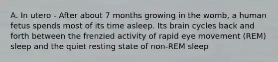 A. In utero - After about 7 months growing in the womb, a human fetus spends most of its time asleep. Its brain cycles back and forth between the frenzied activity of rapid eye movement (REM) sleep and the quiet resting state of non-REM sleep