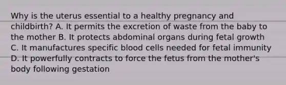 Why is the uterus essential to a healthy pregnancy and​ childbirth? A. It permits the excretion of waste from the baby to the mother B. It protects abdominal organs during fetal growth C. It manufactures specific blood cells needed for fetal immunity D. It powerfully contracts to force the fetus from the​ mother's body following gestation