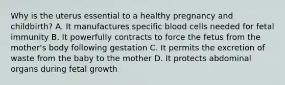 Why is the uterus essential to a healthy pregnancy and​ childbirth? A. It manufactures specific blood cells needed for fetal immunity B. It powerfully contracts to force the fetus from the​ mother's body following gestation C. It permits the excretion of waste from the baby to the mother D. It protects abdominal organs during fetal growth