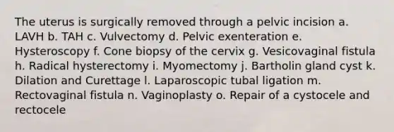 The uterus is surgically removed through a pelvic incision a. LAVH b. TAH c. Vulvectomy d. Pelvic exenteration e. Hysteroscopy f. Cone biopsy of the cervix g. Vesicovaginal fistula h. Radical hysterectomy i. Myomectomy j. Bartholin gland cyst k. Dilation and Curettage l. Laparoscopic tubal ligation m. Rectovaginal fistula n. Vaginoplasty o. Repair of a cystocele and rectocele