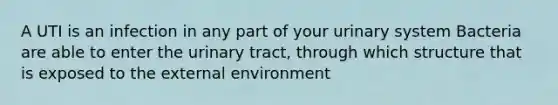 A UTI is an infection in any part of your urinary system Bacteria are able to enter the urinary tract, through which structure that is exposed to the external environment