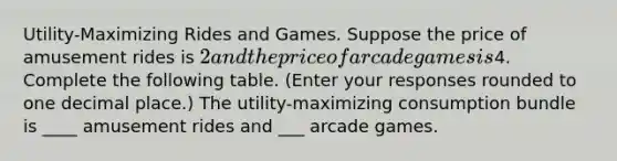 ​Utility-Maximizing Rides and Games. Suppose the price of amusement rides is​ 2 and the price of arcade games is​4. Complete the following table. ​(Enter your responses rounded to one decimal​ place.) The utility-maximizing consumption bundle is ____ amusement rides and ___ arcade games.