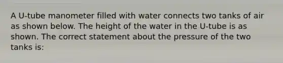 A U-tube manometer filled with water connects two tanks of air as shown below. The height of the water in the U-tube is as shown. The correct statement about the pressure of the two tanks is: