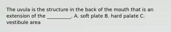 The uvula is the structure in the back of the mouth that is an extension of the __________. A. soft plate B. hard palate C. vestibule area
