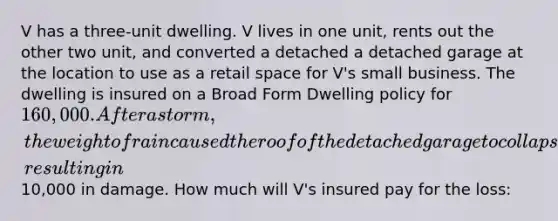 V has a three-unit dwelling. V lives in one unit, rents out the other two unit, and converted a detached a detached garage at the location to use as a retail space for V's small business. The dwelling is insured on a Broad Form Dwelling policy for 160,000. After a storm, the weight of rain caused the roof of the detached garage to collapse, resulting in10,000 in damage. How much will V's insured pay for the loss: