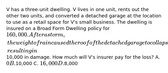 V has a three-unit dwelling. V lives in one unit, rents out the other two units, and converted a detached garage at the location to use as a retail space for V's small business. The dwelling is insured on a Broad Form Dwelling policy for 160,000. After a storm, the weight of rain caused the roof of the detached garage to collapse, resulting in10,000 in damage. How much will V's insurer pay for the loss? A. 0 B.10,000 C. 16,000 D.8,000