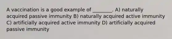 A vaccination is a good example of ________. A) naturally acquired passive immunity B) naturally acquired active immunity C) artificially acquired active immunity D) artificially acquired passive immunity