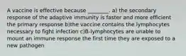 A vaccine is effective because ________. a) the secondary response of the adaptive immunity is faster and more efficient the primary response b)the vaccine contains the lymphocytes necessary to fight infection c)B-lymphocytes are unable to mount an immune response the first time they are exposed to a new pathogen