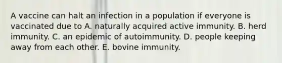 A vaccine can halt an infection in a population if everyone is vaccinated due to A. naturally acquired active immunity. B. herd immunity. C. an epidemic of autoimmunity. D. people keeping away from each other. E. bovine immunity.