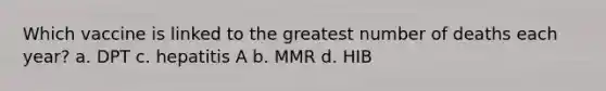 Which vaccine is linked to the greatest number of deaths each year? a. DPT c. hepatitis A b. MMR d. HIB