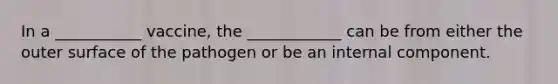 In a ___________ vaccine, the ____________ can be from either the outer surface of the pathogen or be an internal component.