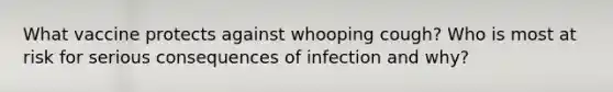 What vaccine protects against whooping cough? Who is most at risk for serious consequences of infection and why?