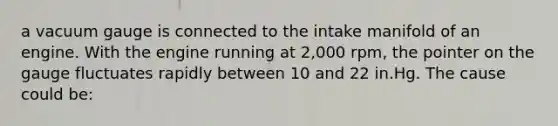 a vacuum gauge is connected to the intake manifold of an engine. With the engine running at 2,000 rpm, the pointer on the gauge fluctuates rapidly between 10 and 22 in.Hg. The cause could be: