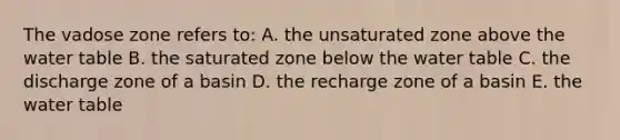 The vadose zone refers to: A. the unsaturated zone above the water table B. the saturated zone below the water table C. the discharge zone of a basin D. the recharge zone of a basin E. the water table