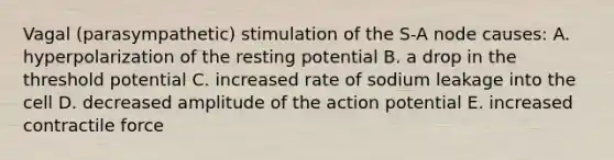 Vagal (parasympathetic) stimulation of the S-A node causes: A. hyperpolarization of the resting potential B. a drop in the threshold potential C. increased rate of sodium leakage into the cell D. decreased amplitude of the action potential E. increased contractile force