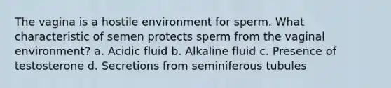 The vagina is a hostile environment for sperm. What characteristic of semen protects sperm from the vaginal environment? a. Acidic fluid b. Alkaline fluid c. Presence of testosterone d. Secretions from seminiferous tubules