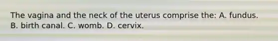 The vagina and the neck of the uterus comprise the: A. fundus. B. birth canal. C. womb. D. cervix.