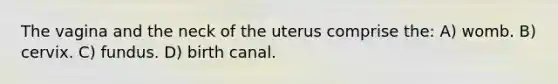 The vagina and the neck of the uterus comprise the: A) womb. B) cervix. C) fundus. D) birth canal.