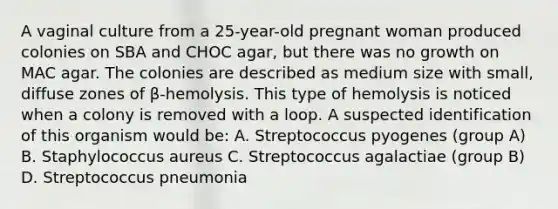 A vaginal culture from a 25-year-old pregnant woman produced colonies on SBA and CHOC agar, but there was no growth on MAC agar. The colonies are described as medium size with small, diffuse zones of β-hemolysis. This type of hemolysis is noticed when a colony is removed with a loop. A suspected identification of this organism would be: A. Streptococcus pyogenes (group A) B. Staphylococcus aureus C. Streptococcus agalactiae (group B) D. Streptococcus pneumonia