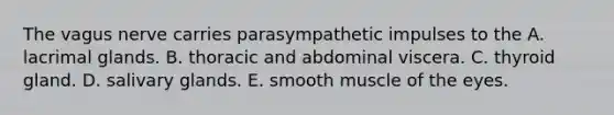 The vagus nerve carries parasympathetic impulses to the A. lacrimal glands. B. thoracic and abdominal viscera. C. thyroid gland. D. salivary glands. E. smooth muscle of the eyes.