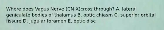 Where does Vagus Nerve (CN X)cross through? A. lateral geniculate bodies of thalamus B. optic chiasm C. superior orbital fissure D. jugular foramen E. optic disc