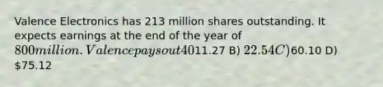 Valence Electronics has 213 million shares outstanding. It expects earnings at the end of the year of 800 million. Valence pays out 40% of its earnings in total15% paid out as dividends and 25% used to repurchase shares. If Valenceʹs earnings are expected to grow by 7% per year, these payout rates do not change, and Valenceʹs equity cost of capital is 9%, what is Valenceʹs share price? A)11.27 B) 22.54 C)60.10 D) 75.12