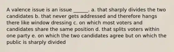 A valence issue is an issue ______. a. that sharply divides the two candidates b. that never gets addressed and therefore hangs there like window dressing c. on which most voters and candidates share the same position d. that splits voters within one party e. on which the two candidates agree but on which the public is sharply divided