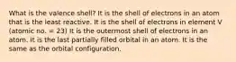 What is the valence shell? It is the shell of electrons in an atom that is the least reactive. It is the shell of electrons in element V (atomic no. = 23) It is the outermost shell of electrons in an atom. It is the last partially filled orbital in an atom. It is the same as the orbital configuration.