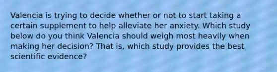 Valencia is trying to decide whether or not to start taking a certain supplement to help alleviate her anxiety. Which study below do you think Valencia should weigh most heavily when making her decision? That is, which study provides the best scientific evidence?