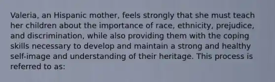 Valeria, an Hispanic mother, feels strongly that she must teach her children about the importance of race, ethnicity, prejudice, and discrimination, while also providing them with the coping skills necessary to develop and maintain a strong and healthy self-image and understanding of their heritage. This process is referred to as: