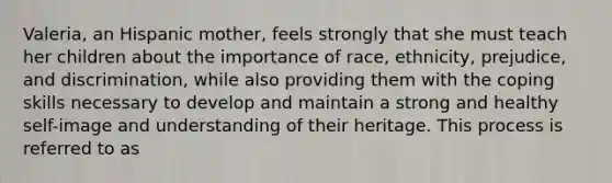 Valeria, an Hispanic mother, feels strongly that she must teach her children about the importance of race, ethnicity, prejudice, and discrimination, while also providing them with the coping skills necessary to develop and maintain a strong and healthy self-image and understanding of their heritage. This process is referred to as