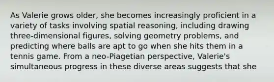 As Valerie grows older, she becomes increasingly proficient in a variety of tasks involving spatial reasoning, including drawing three-dimensional figures, solving geometry problems, and predicting where balls are apt to go when she hits them in a tennis game. From a neo-Piagetian perspective, Valerie's simultaneous progress in these diverse areas suggests that she