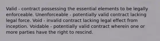 Valid - contract possessing the essential elements to be legally enforceable. Unenforceable - potentially valid contract lacking legal force. Void - invalid contract lacking legal effect from inception. Voidable - potentially valid contract wherein one or more parties have the right to rescind.